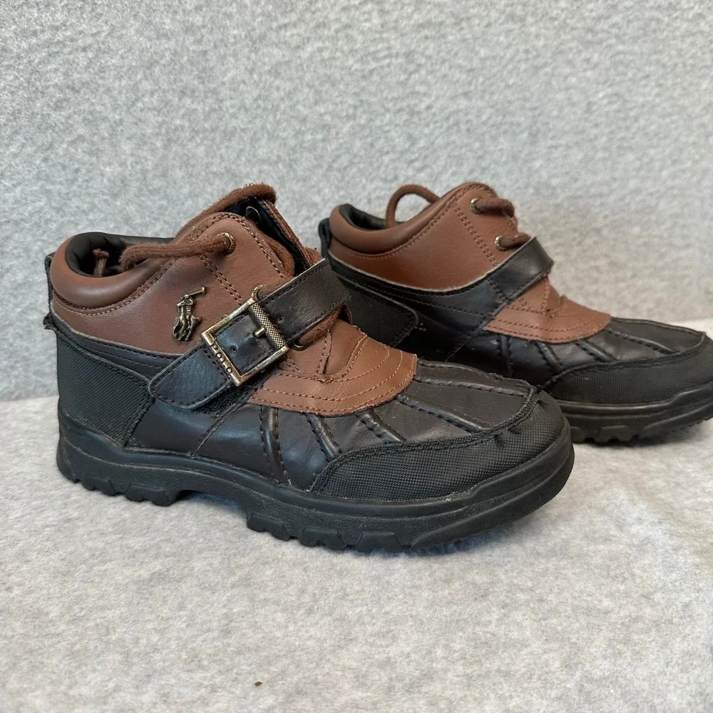 Polo Ralph Lauren Dover Kids Leather Duck Boots Brown Black Size 3 RF102157